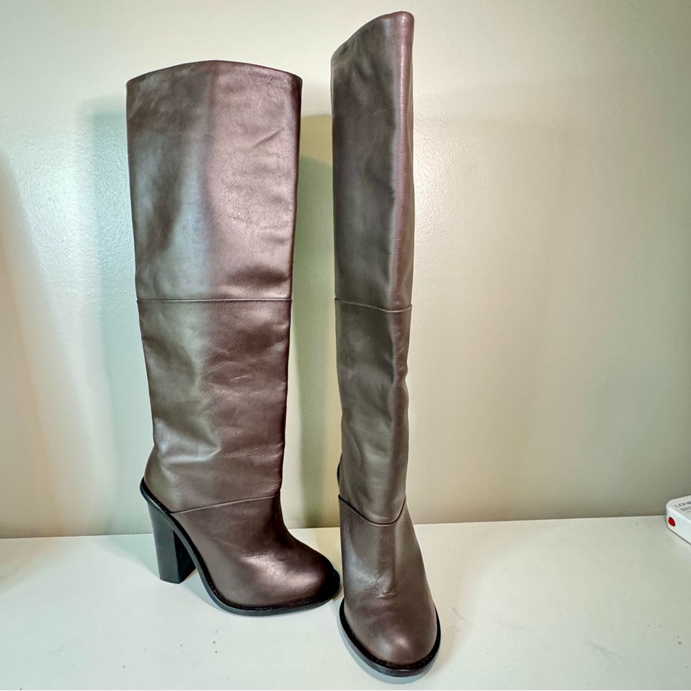 TIBI Knee High Boots Brown Leather Size 36 Block Heel Vlada made in Brazil